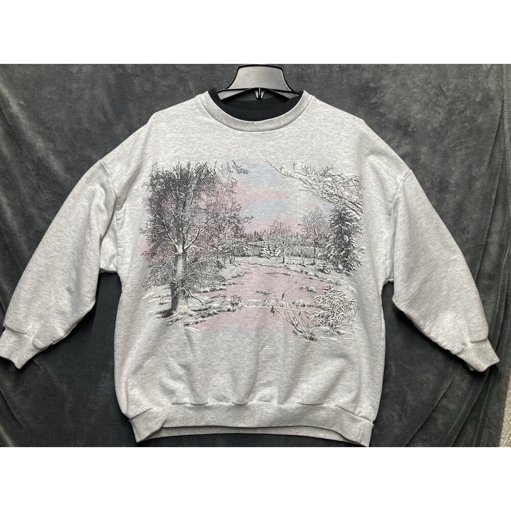 VTG 90s Winter Landscape All Over Print Puffy Snow 18W/38 Art To Wear Cabin USA